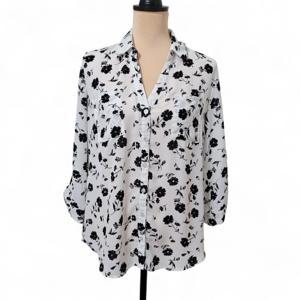 BCX Size L White with Black Floral Print Button Front Blouse, Exc. Used Cond.
